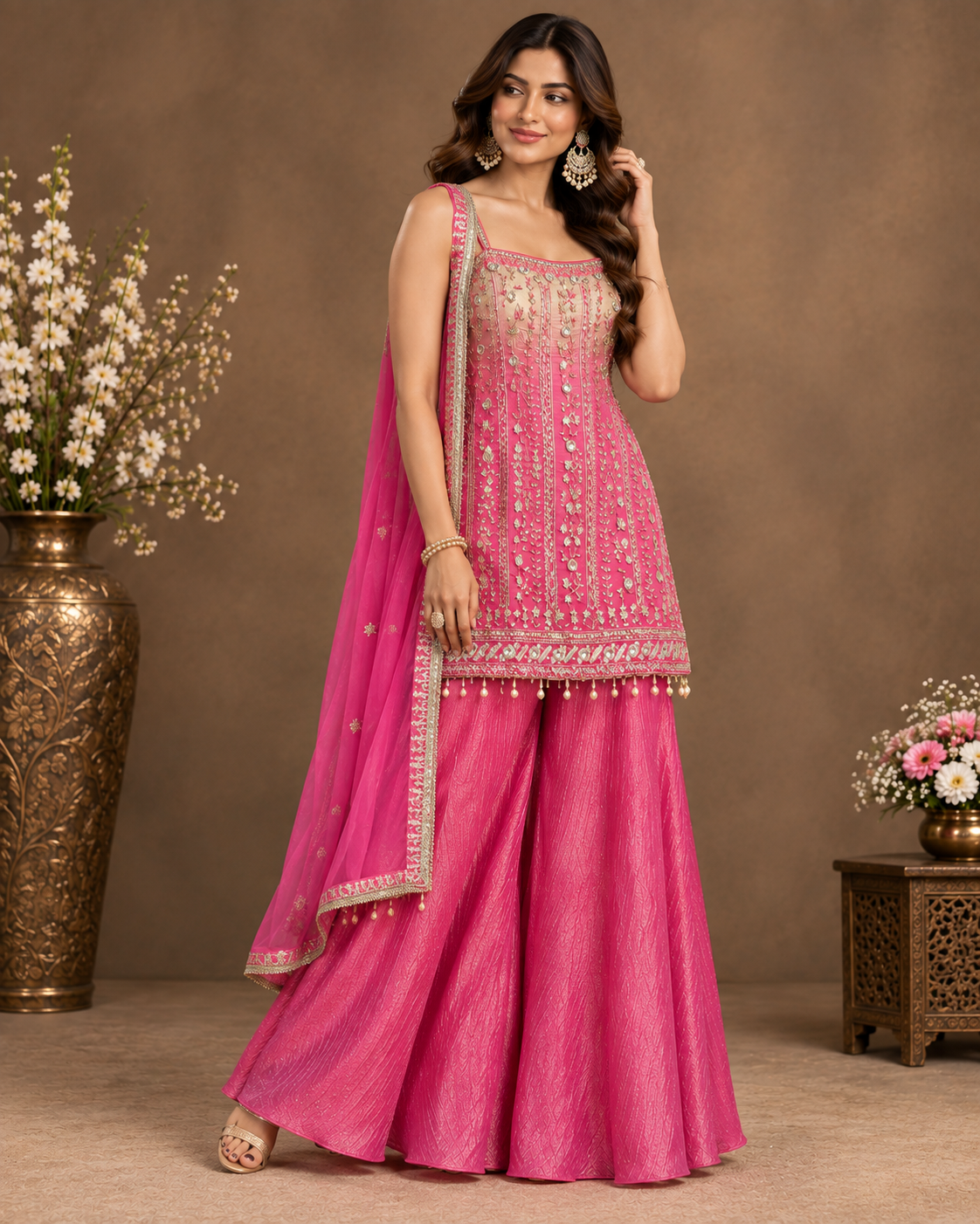 Pink Embroidered Sharara Suit Set