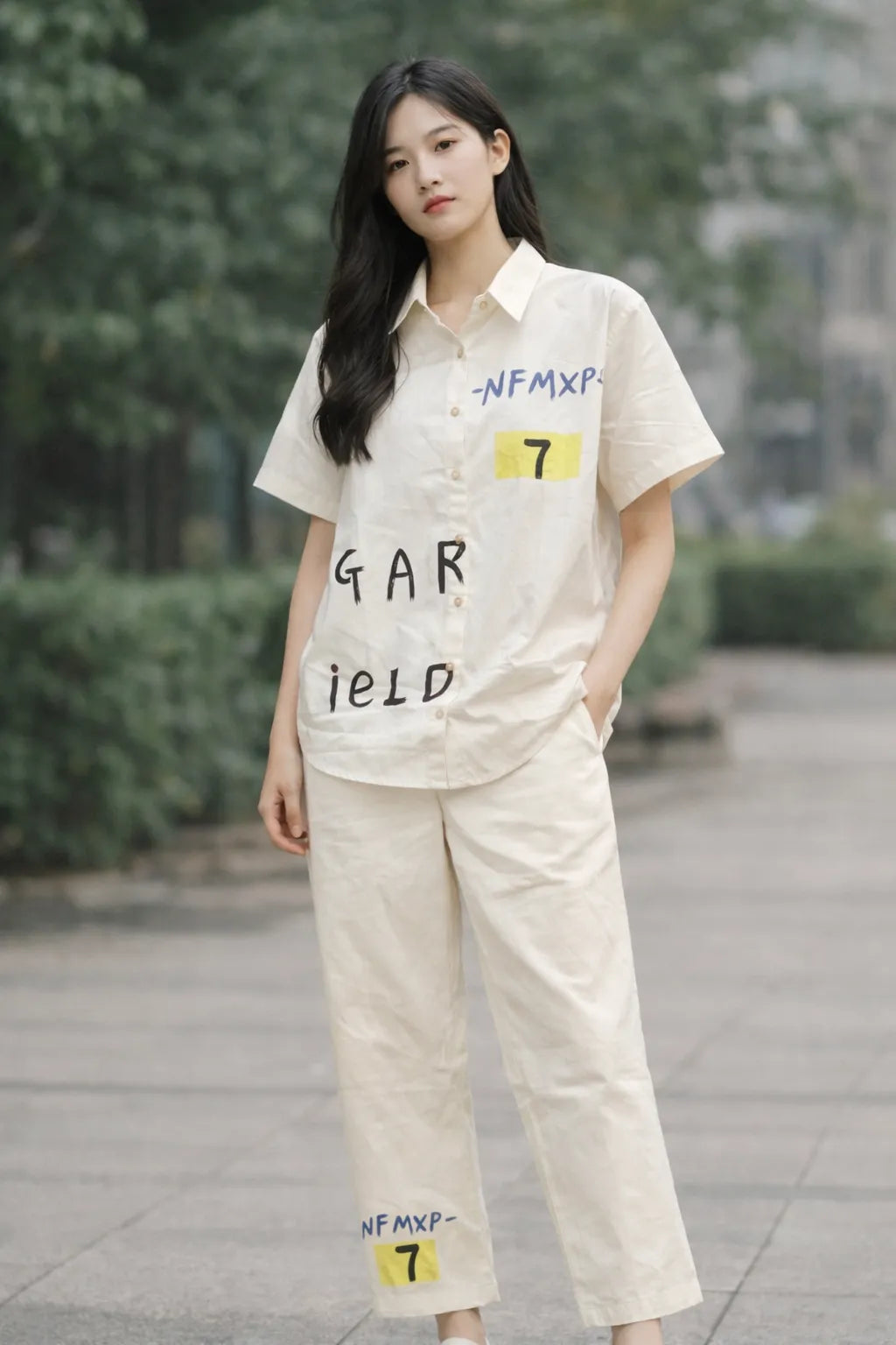 Person wearing a beige outfit with text and numbers on a blurred outdoor background