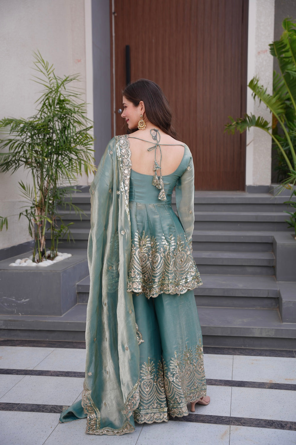 Sea Green Embroidered Peplum Sharara Set with Dupatta | Wedding & Festive Wear