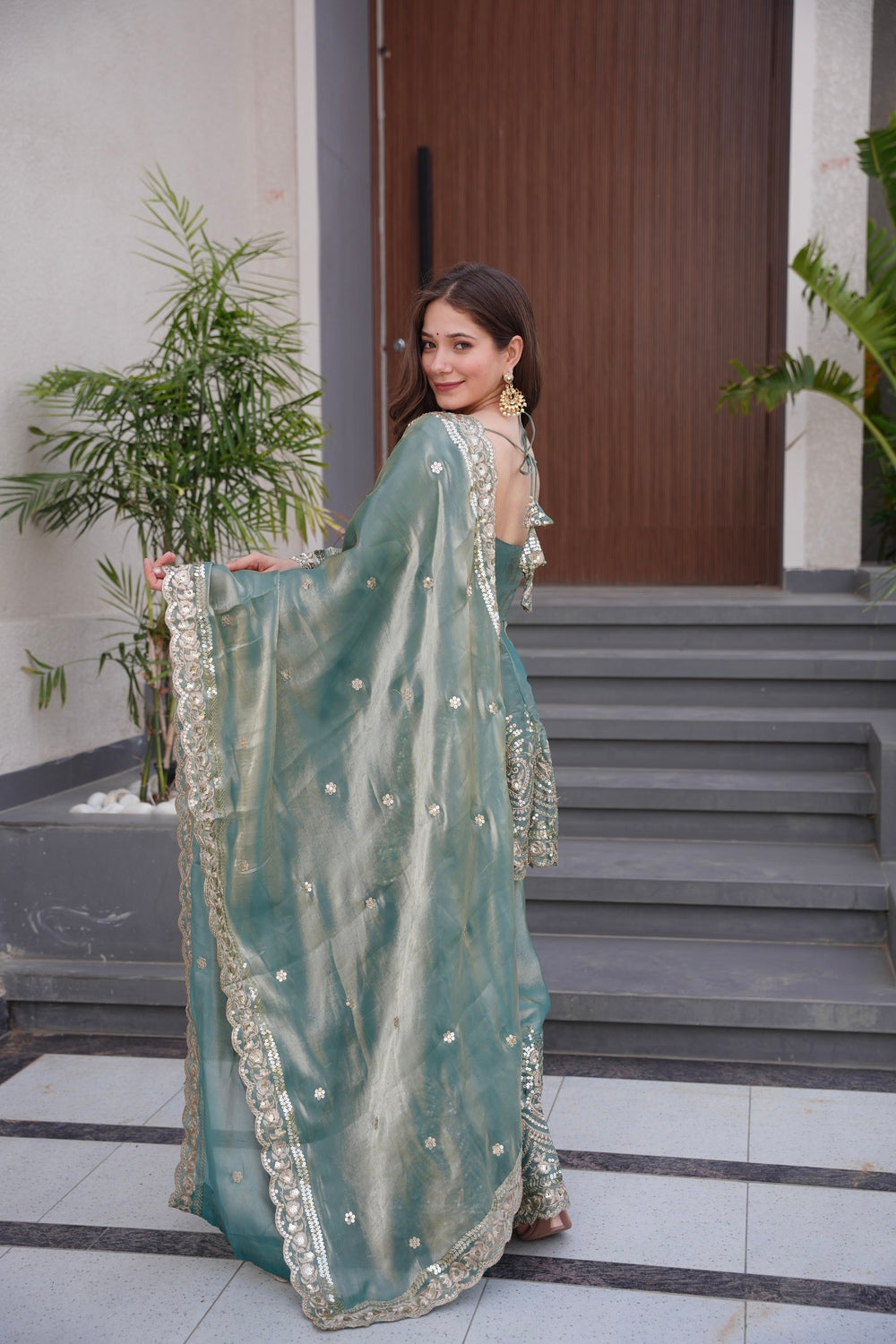 Sea Green Embroidered Peplum Sharara Set with Dupatta | Wedding & Festive Wear