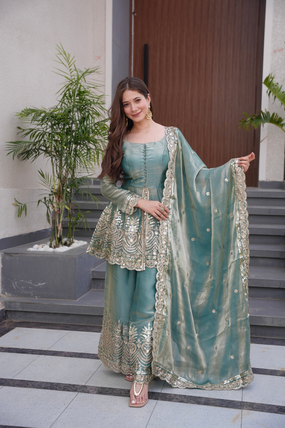 Sea Green Embroidered Peplum Sharara Set with Dupatta | Wedding & Festive Wear