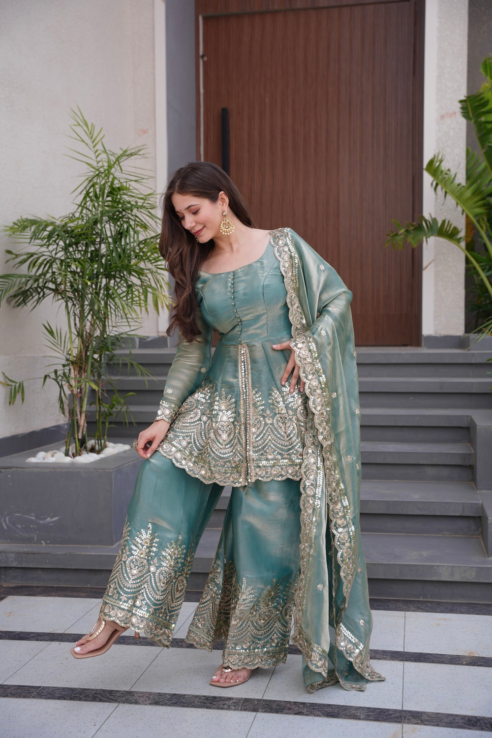 Sea Green Embroidered Peplum Sharara Set with Dupatta | Wedding & Festive Wear