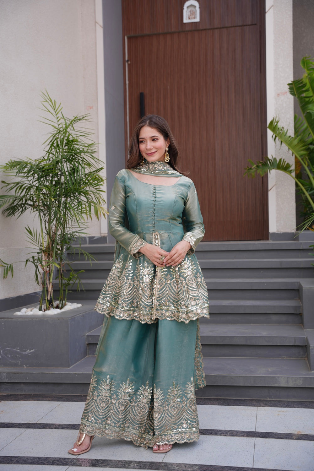 Sea Green Embroidered Peplum Sharara Set with Dupatta | Wedding & Festive Wear
