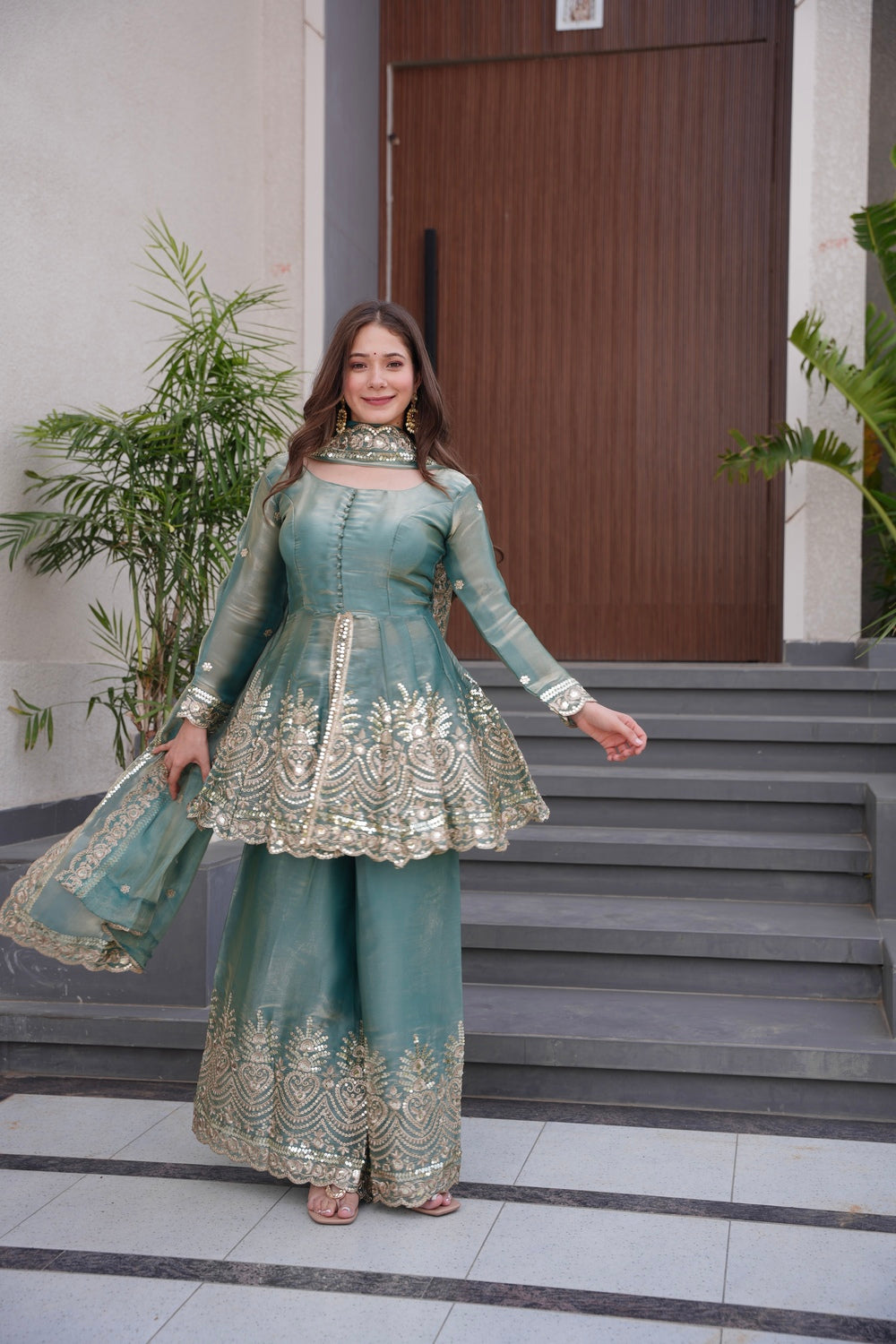 Sea Green Embroidered Peplum Sharara Set with Dupatta | Wedding & Festive Wear