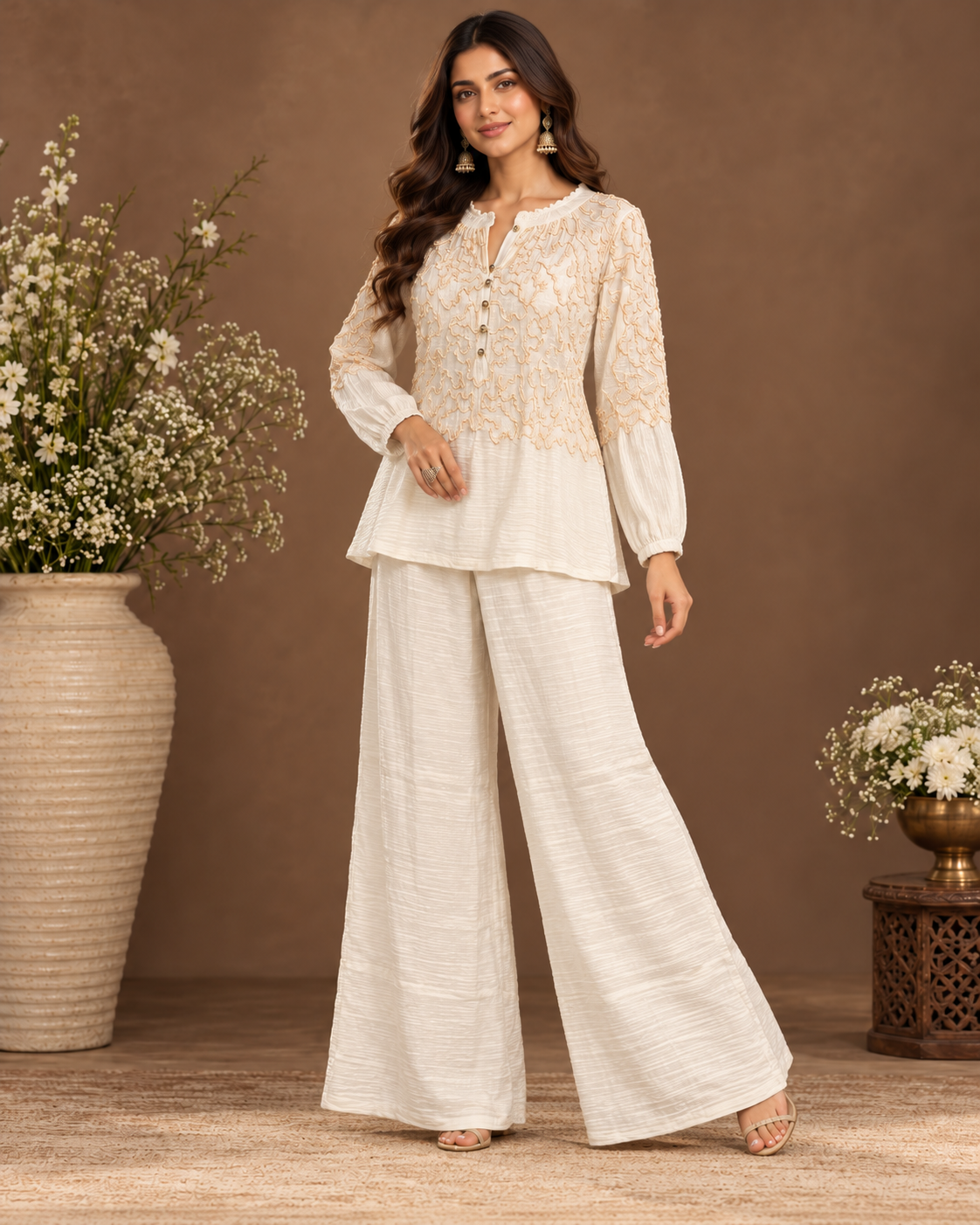 Ivory Embroidered Top and Palazzo Set