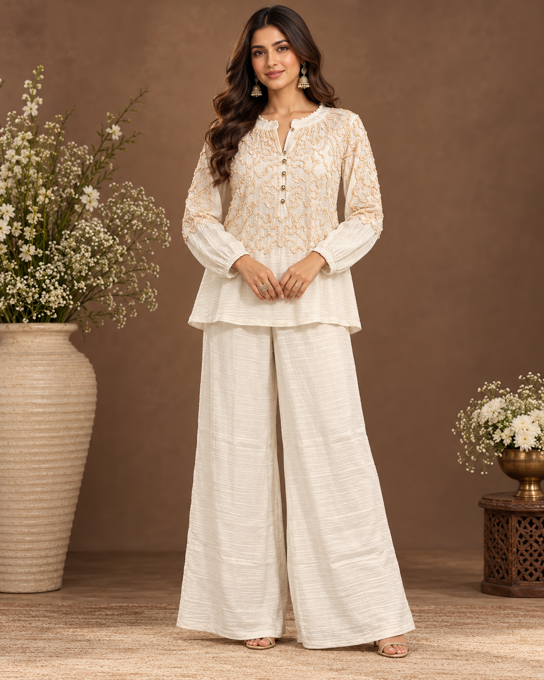 Ivory Embroidered Top and Palazzo Set