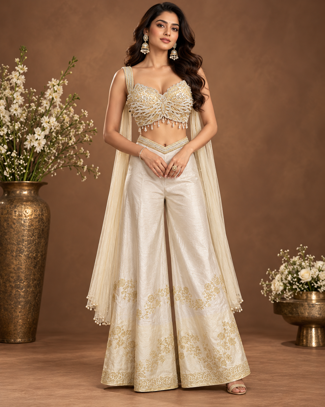 Ivory Gold Embroidered Sharara Set with Cape Dupatta