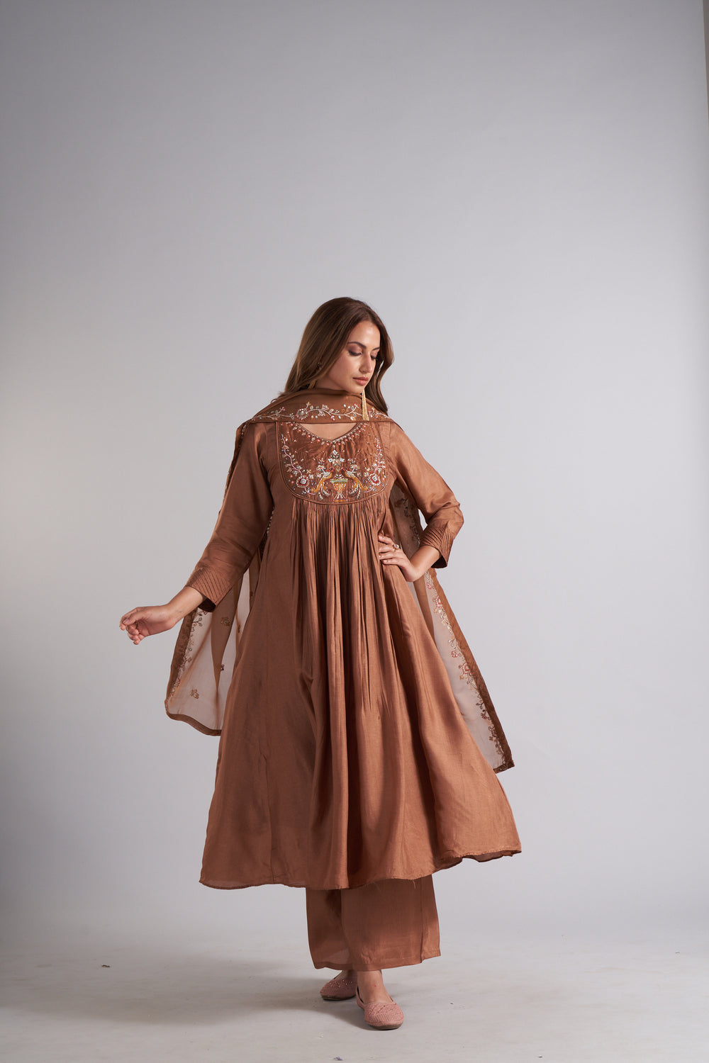 Brown Colour Anarkali Flared Kurta with Palazzo and Dupatta in Viscose Silk