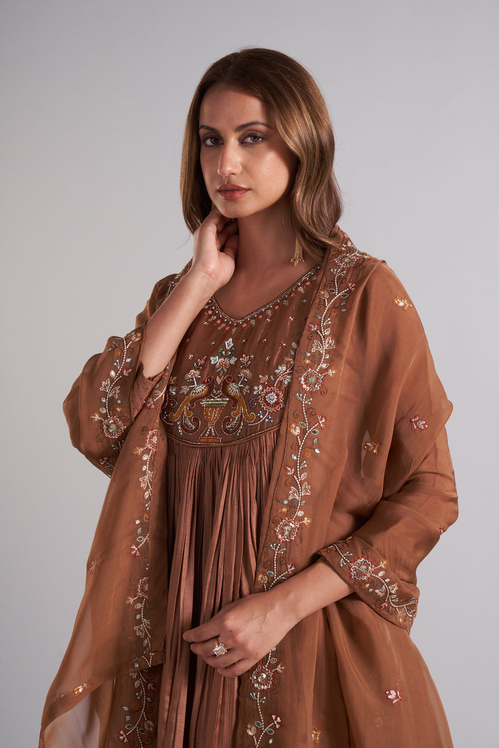 Brown Colour Anarkali Flared Kurta with Palazzo and Dupatta in Viscose Silk