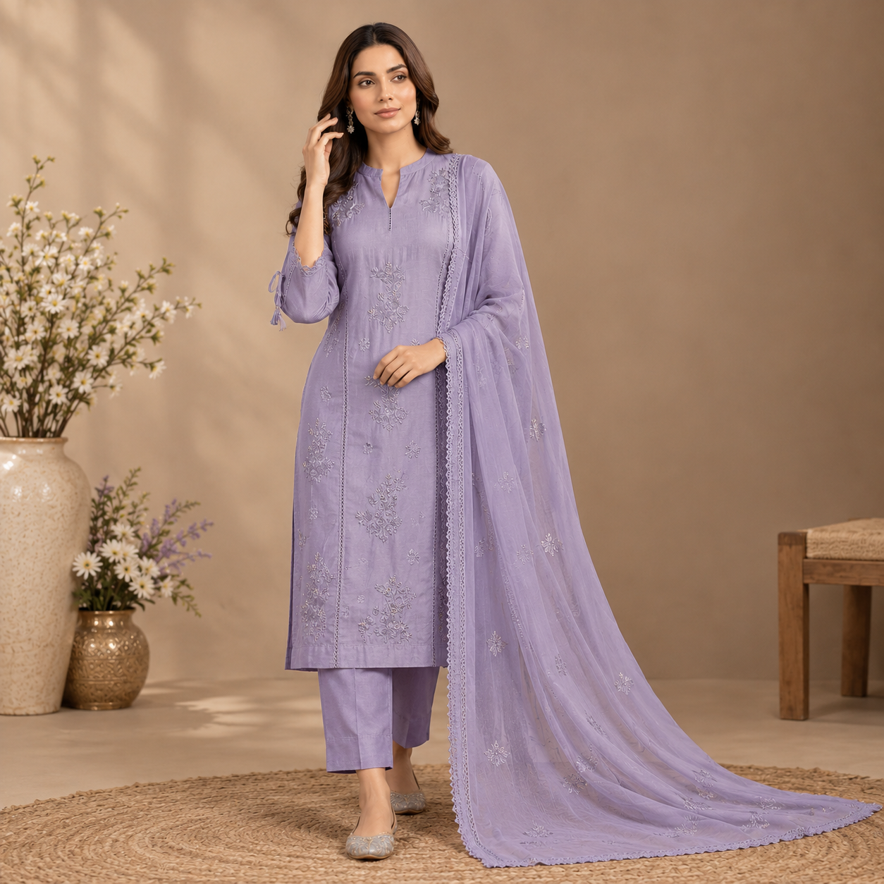 Elegant Lavender Embroidered Straight Suit Set with Dupatta