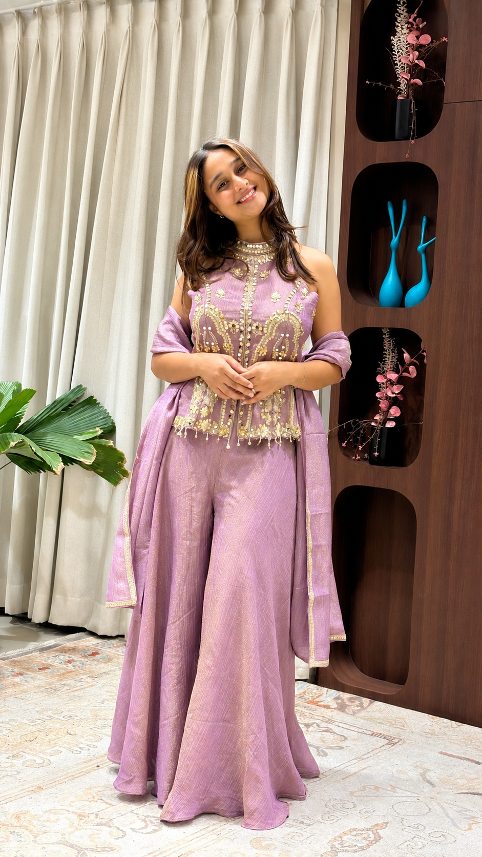 Lavender Embroidered Peplum Sharara Set with Dupatta