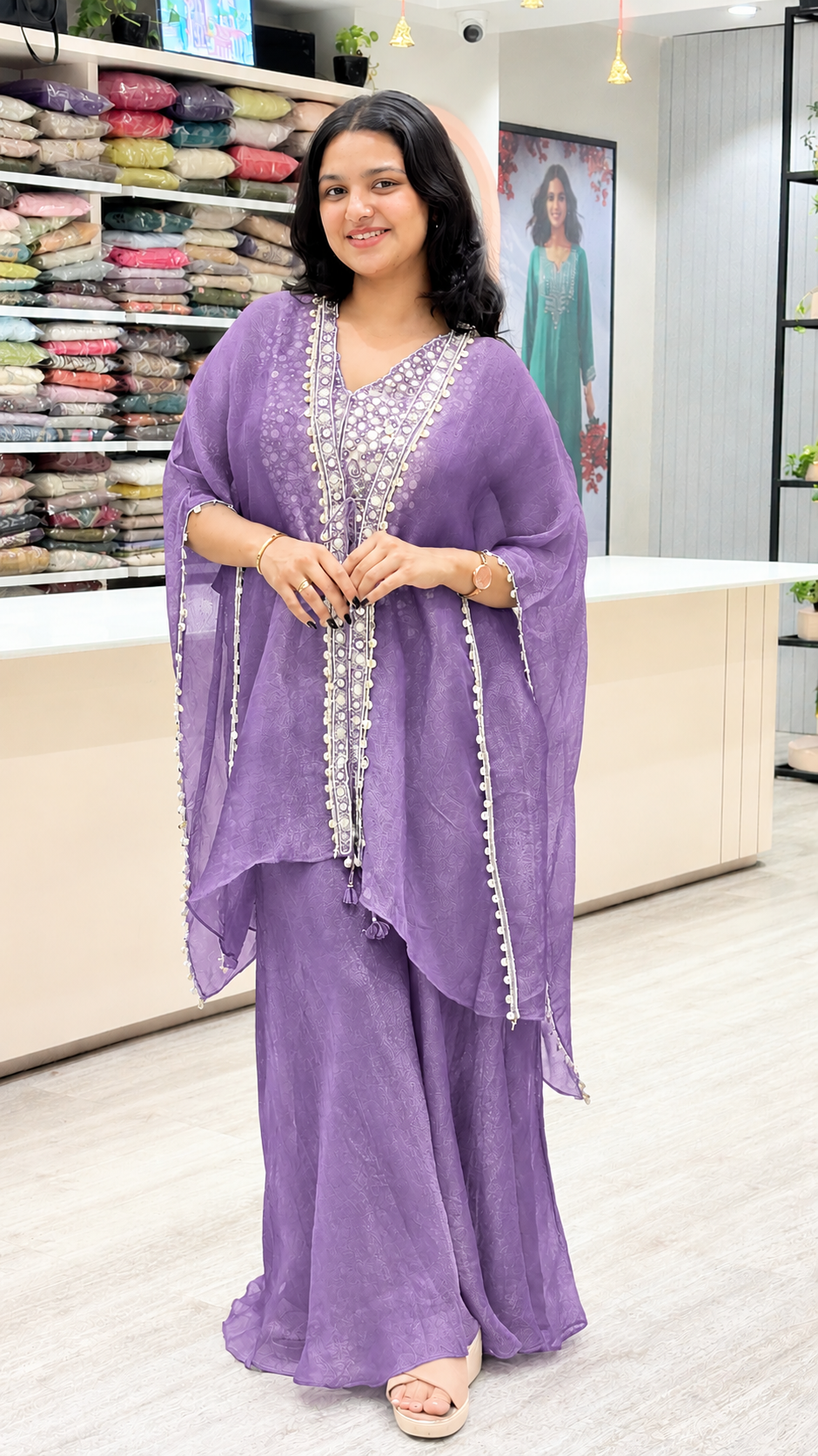 Elegant Rose Pink Palazzo Suit Set with Embellished Cape