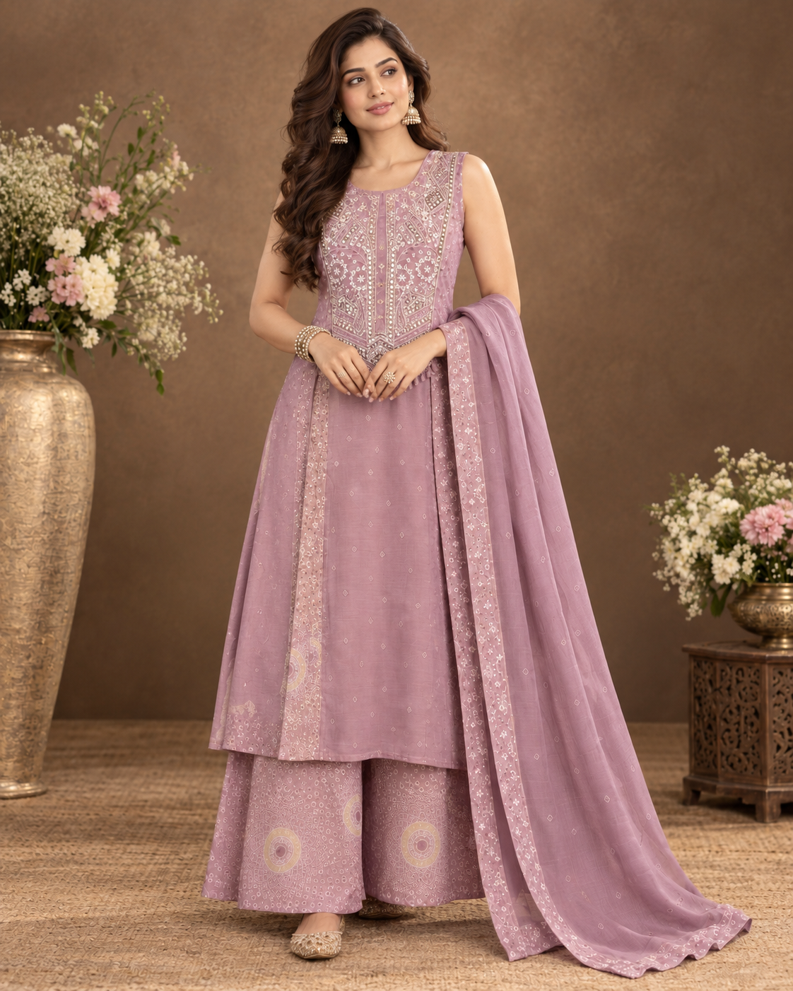 Elegant Mauve Embroidered Anarkali Sharara Set