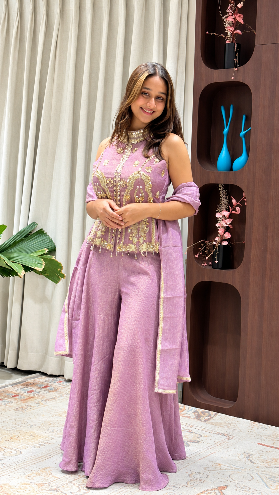 Lavender Embroidered Peplum Sharara Set with Dupatta