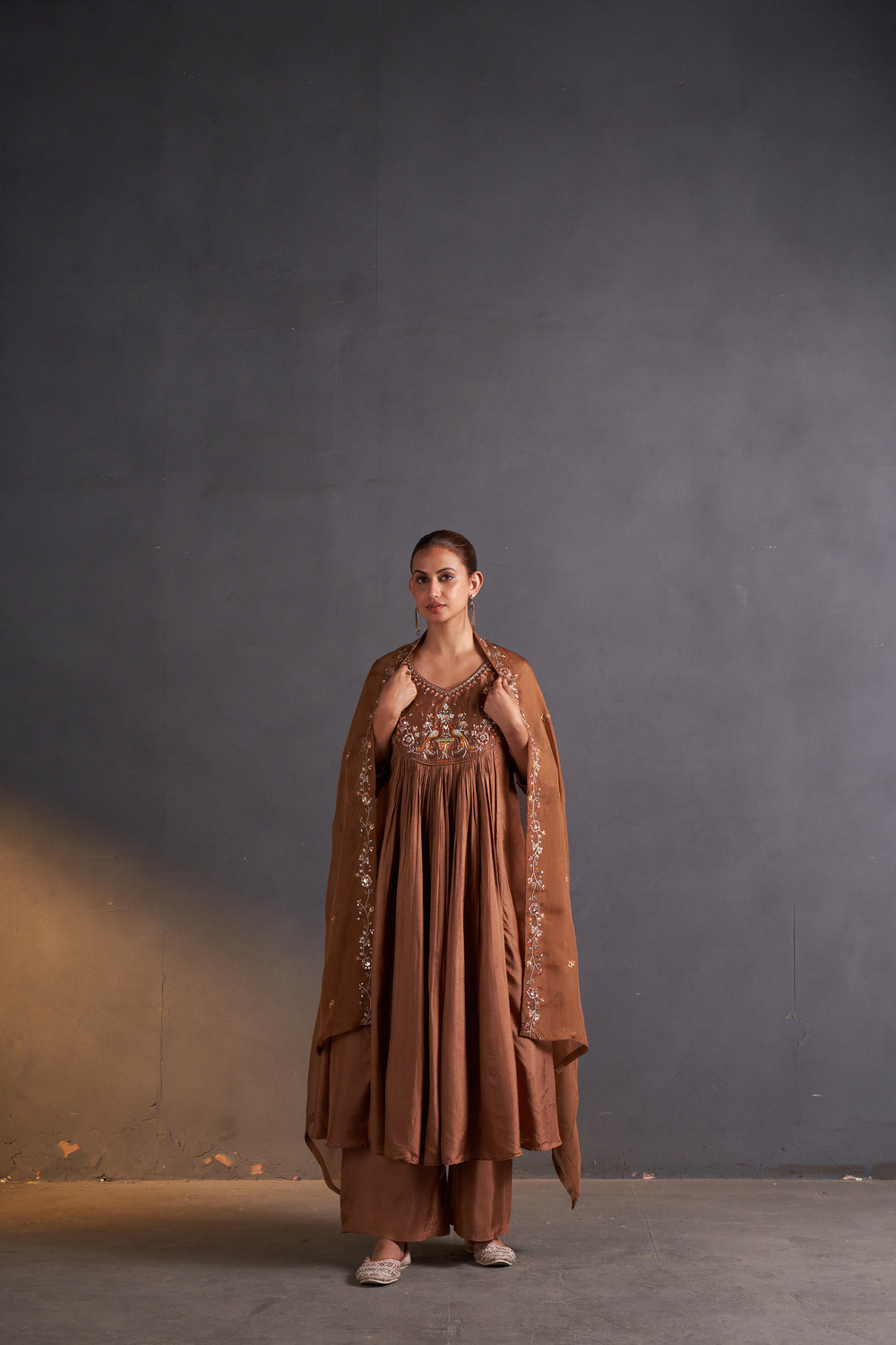 Brown Colour Anarkali Flared Kurta with Palazzo and Dupatta in Viscose Silk