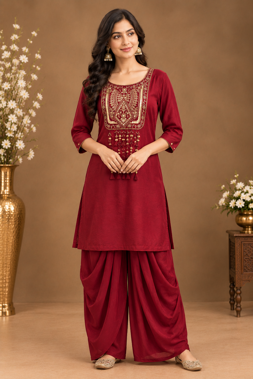 Women’s Embroidered Kurta with Dhoti Style Palazzo Set