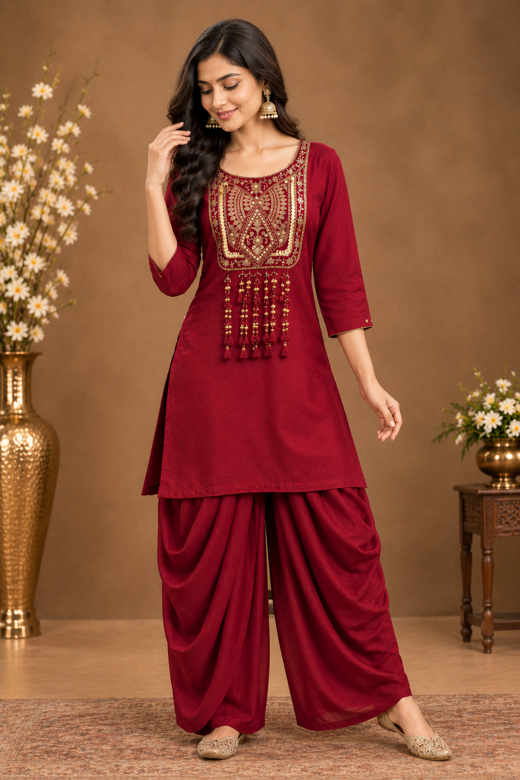 Women’s Embroidered Kurta with Dhoti Style Palazzo Set