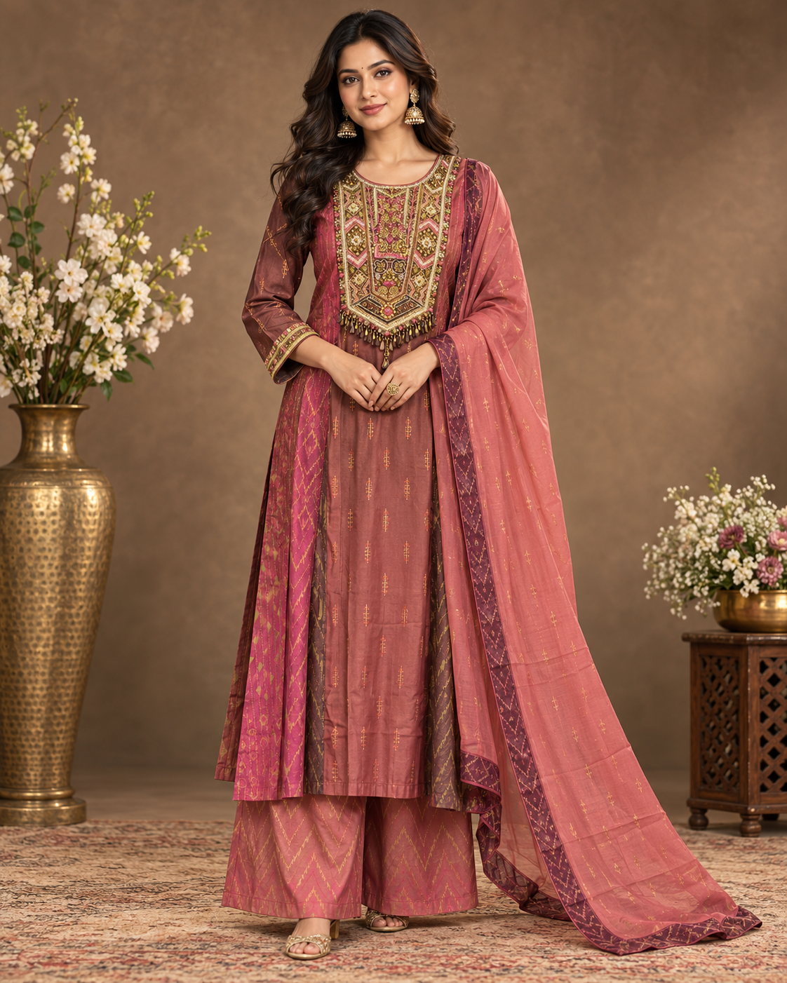 Maroon Embroidered Kurta Palazzo Set with Dupatta