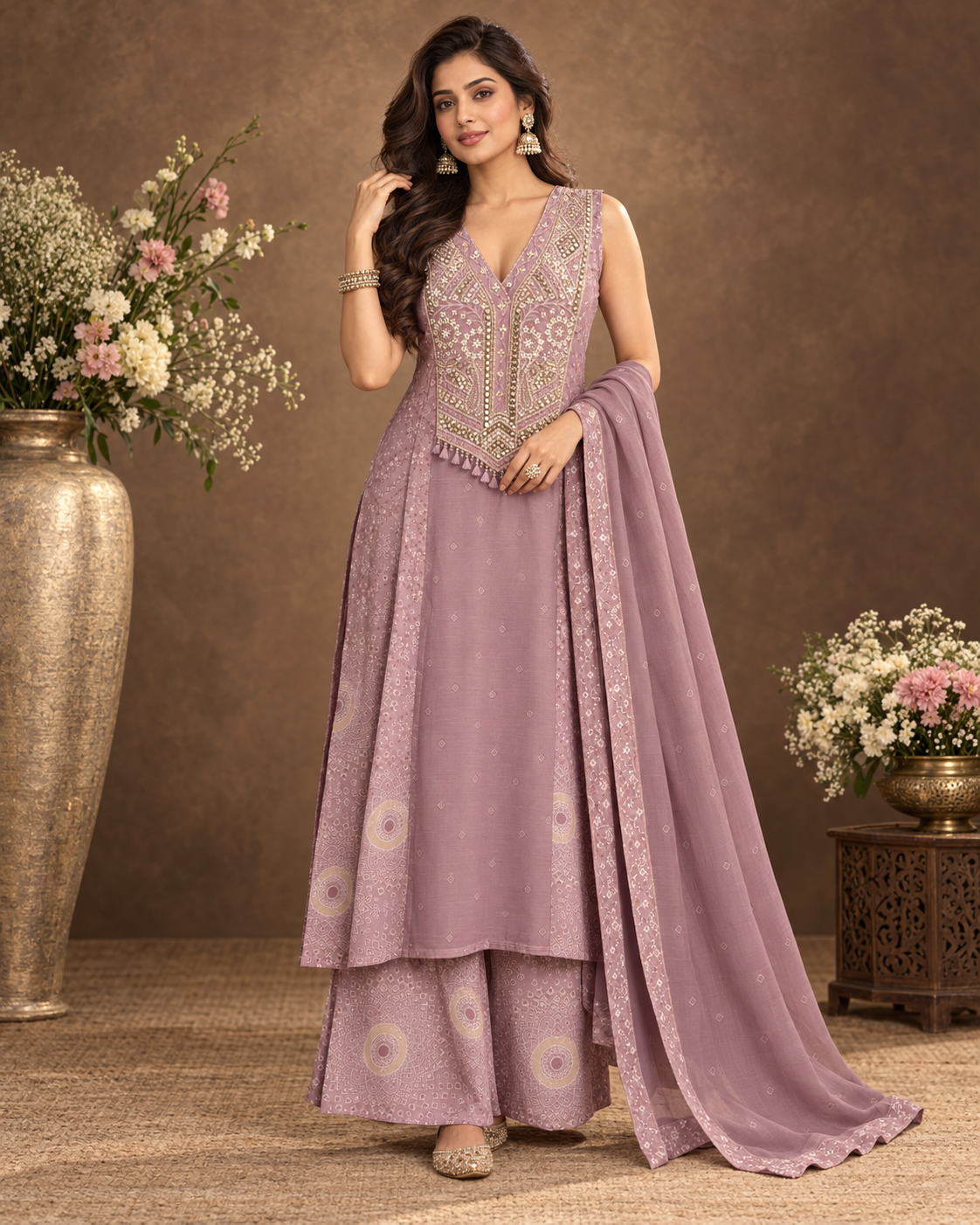 Elegant Mauve Embroidered Anarkali Sharara Set