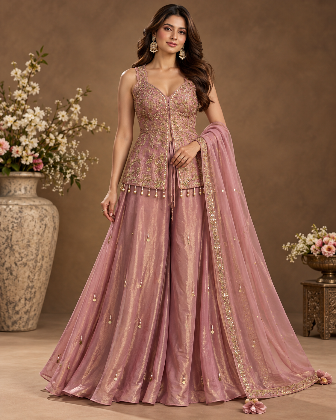 Elegant Mauve Embroidered Palazzo Suit Set