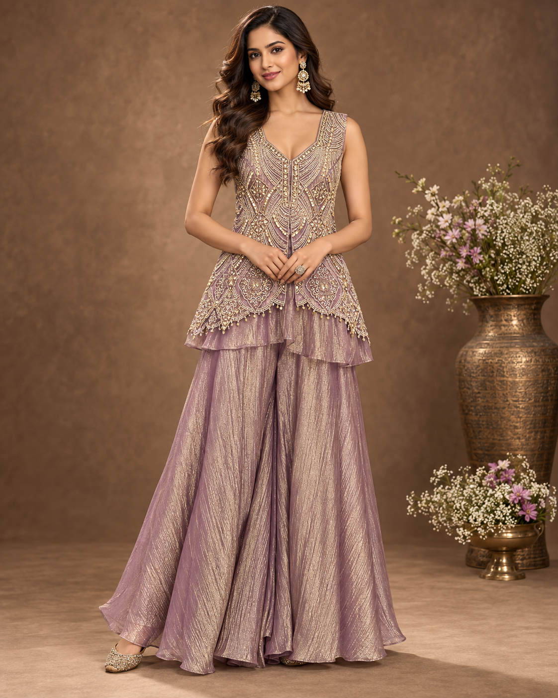Mauve Gold Embellished Layered Sharara Set