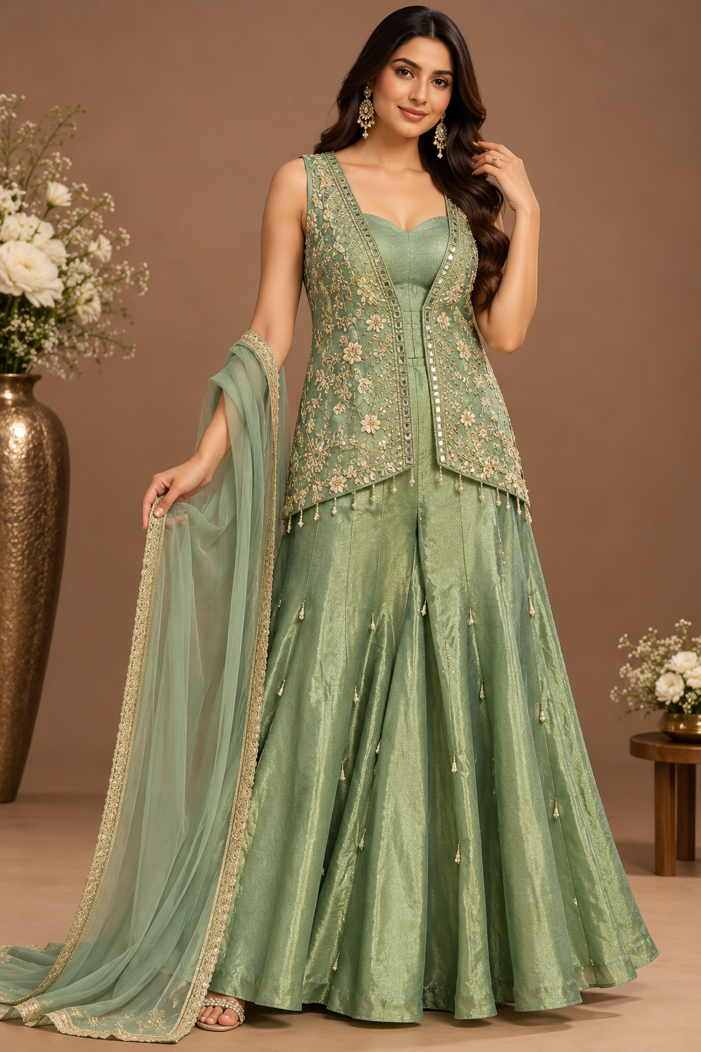 Elegant Sage Green Embellished Palazzo Suit Set