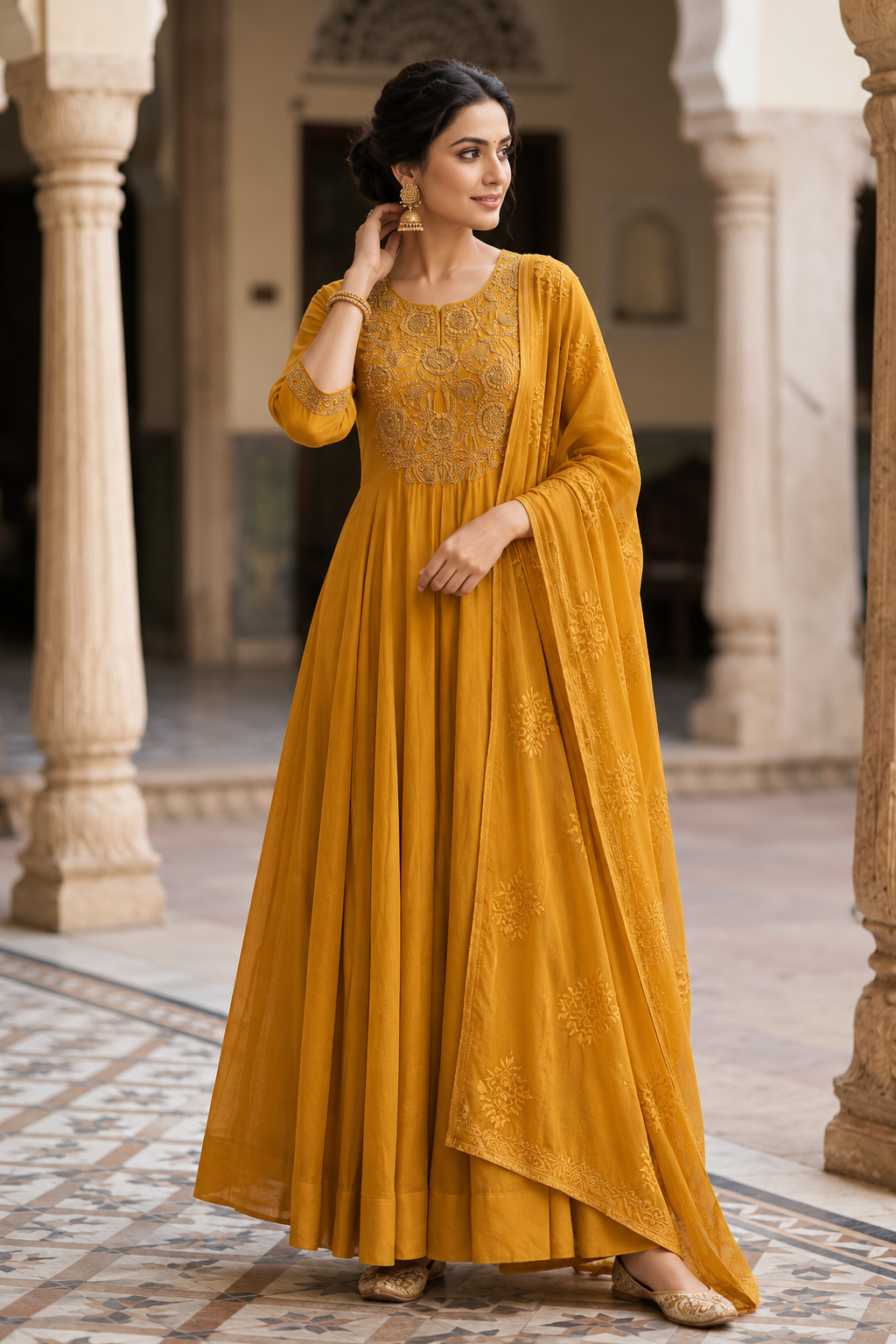 Elegant Mustard Yellow Embroidered Anarkali Suit with Dupatta