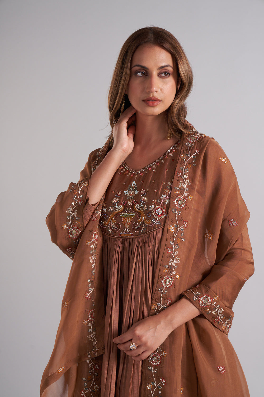 Brown Colour Anarkali Flared Kurta with Palazzo and Dupatta in Viscose Silk