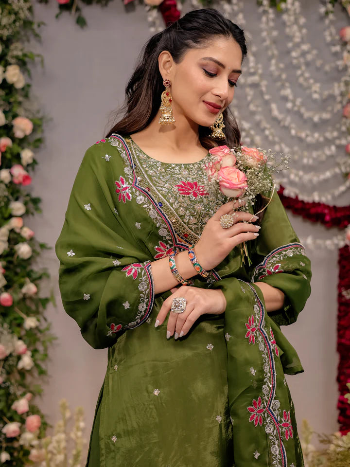 Olive Green Silk Sharara Set with Floral Zari Embroidery