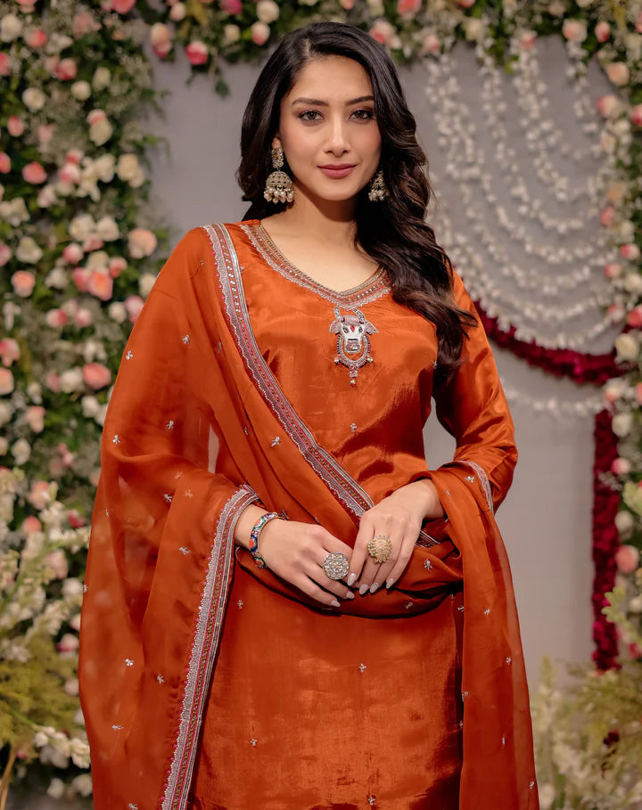Rust Orange Silk Sharara Set with Zari Embroidery & Dupatta