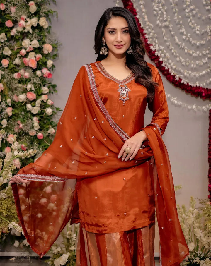 Rust Orange Silk Sharara Set with Zari Embroidery & Dupatta