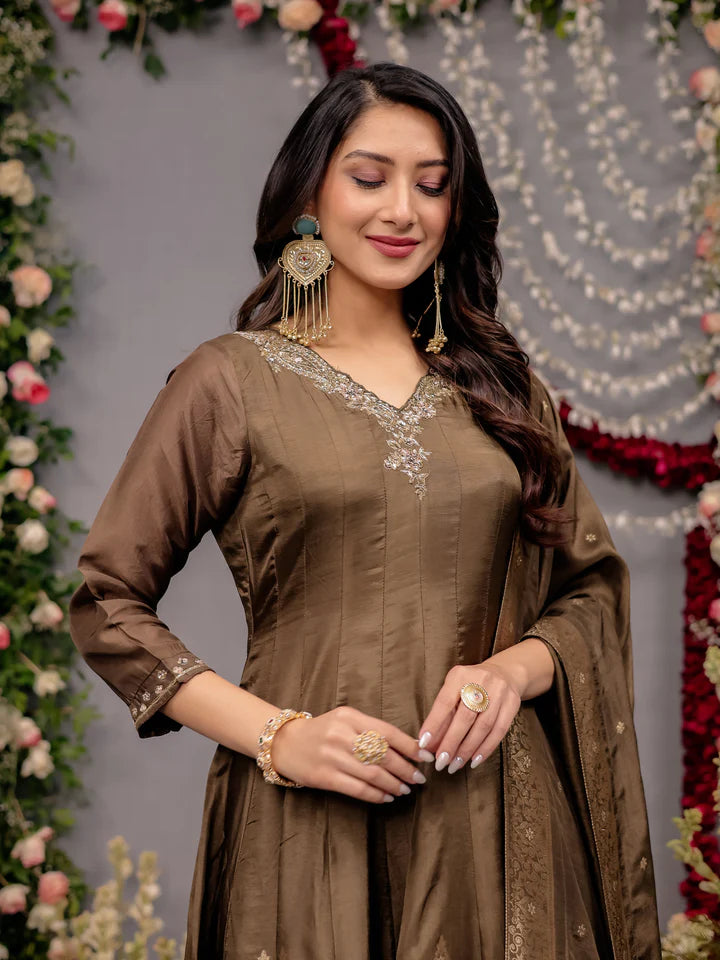 Coffee Brown Silk Anarkali Suit with Zari Work & Palazzo