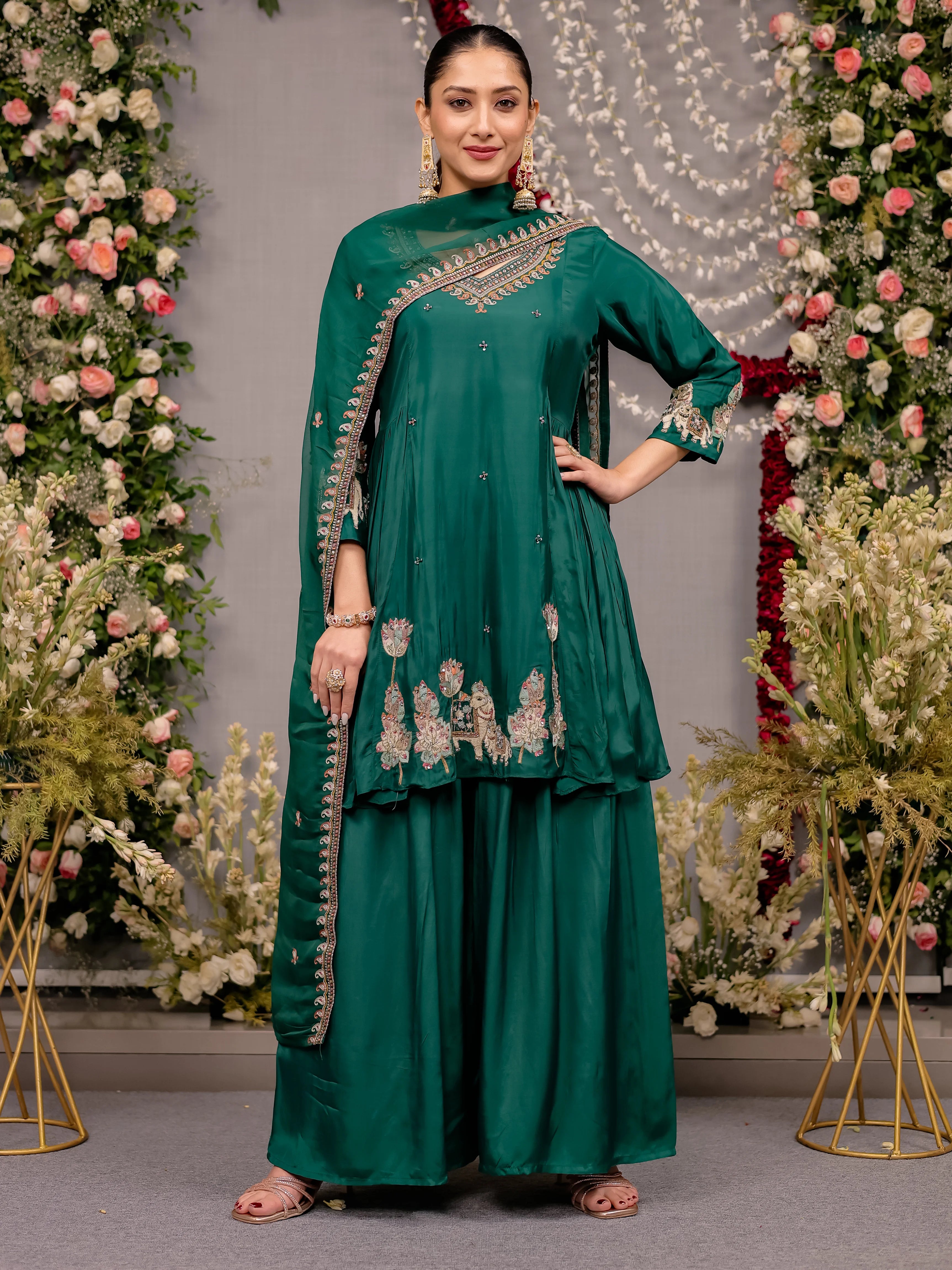 Teal Green Silk Sharara Set with Elephant Motif Embroidery