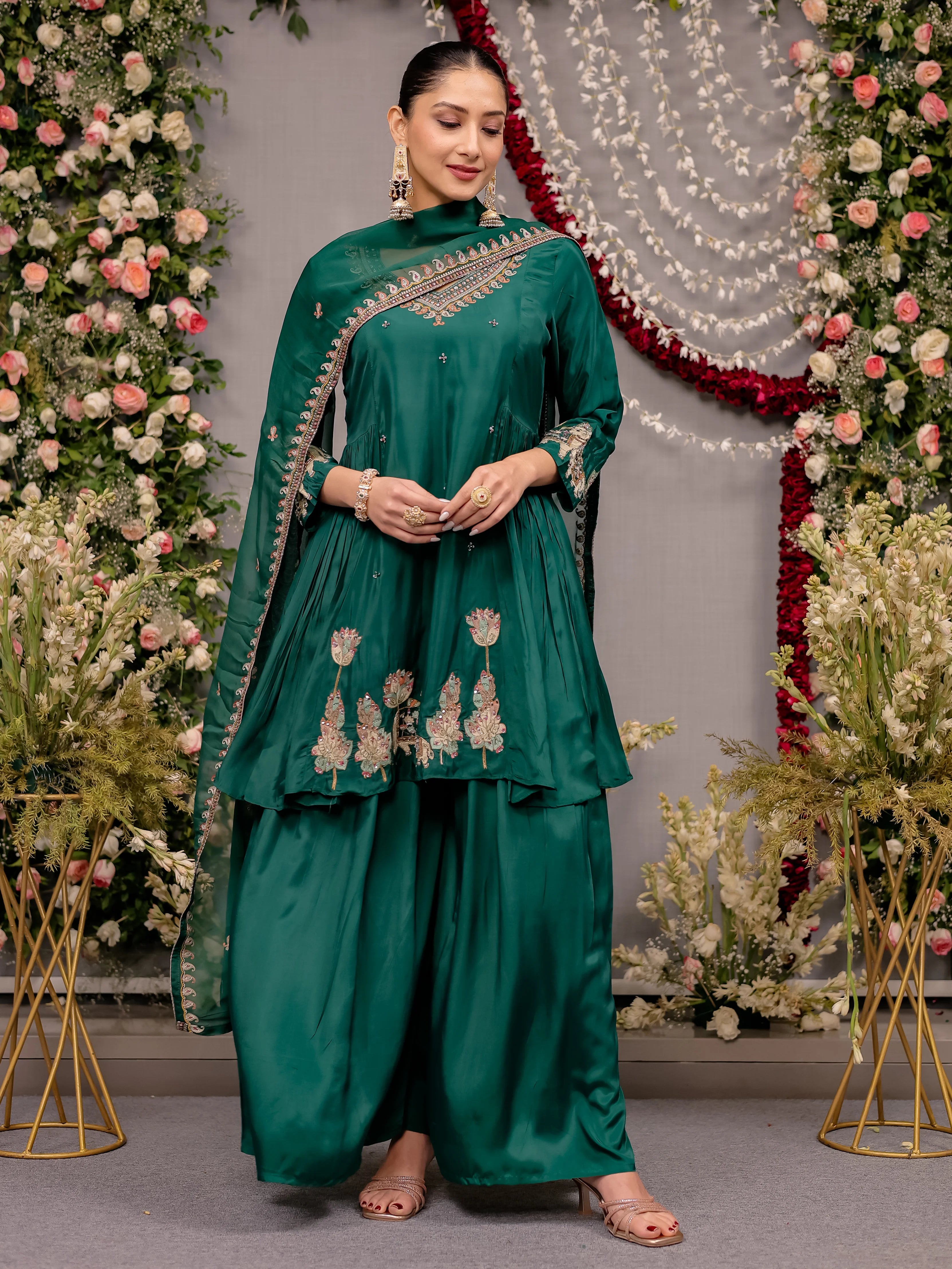 Teal Green Silk Sharara Set with Elephant Motif Embroidery
