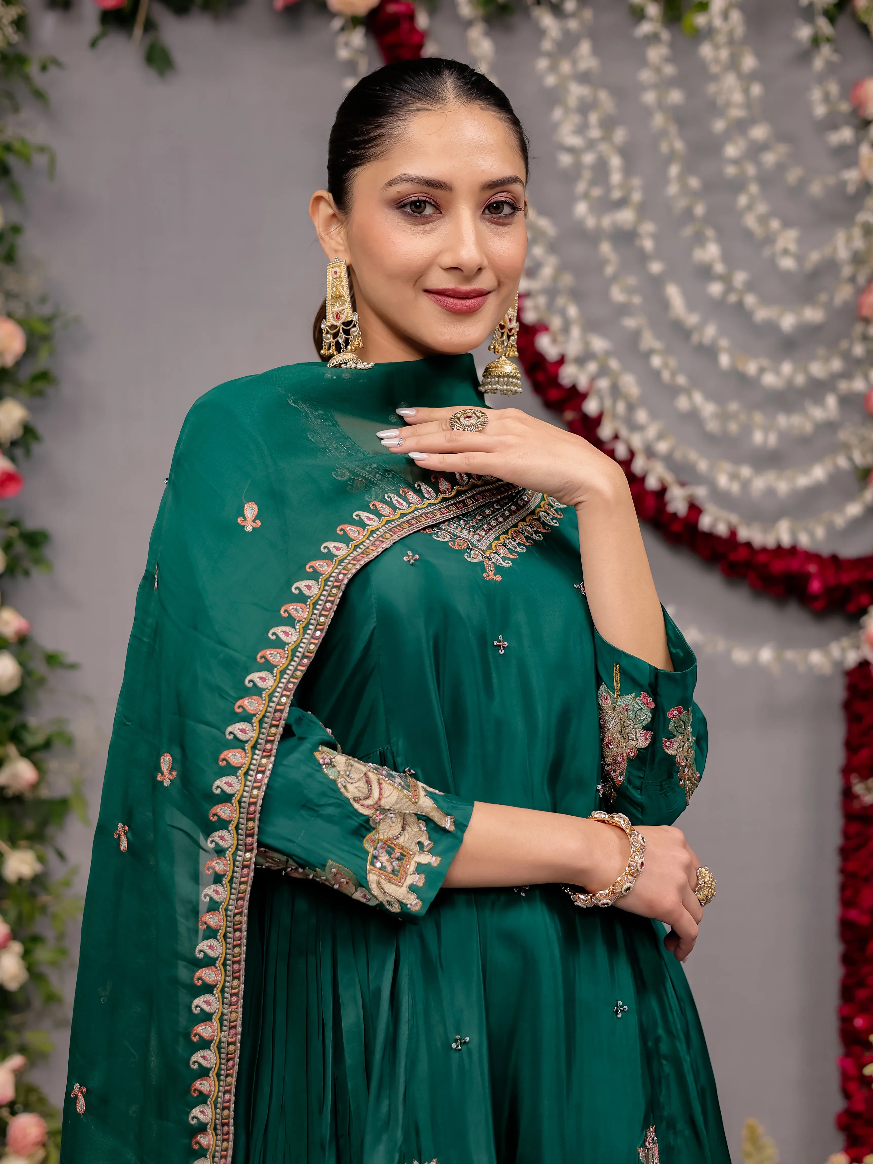 Teal Green Silk Sharara Set with Elephant Motif Embroidery