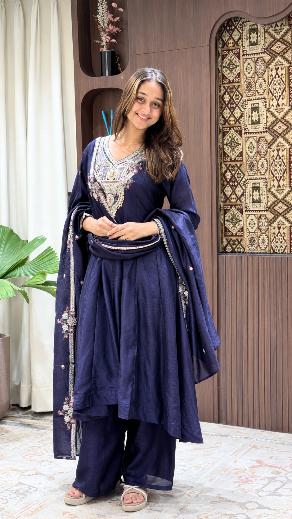 Elegant Navy Blue Embroidered Anarkali Palazzo Suit Set