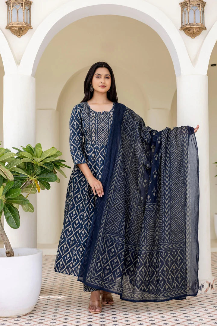 Ethnic Anarkali Suit Set with Hand-Block Print & Dupatta