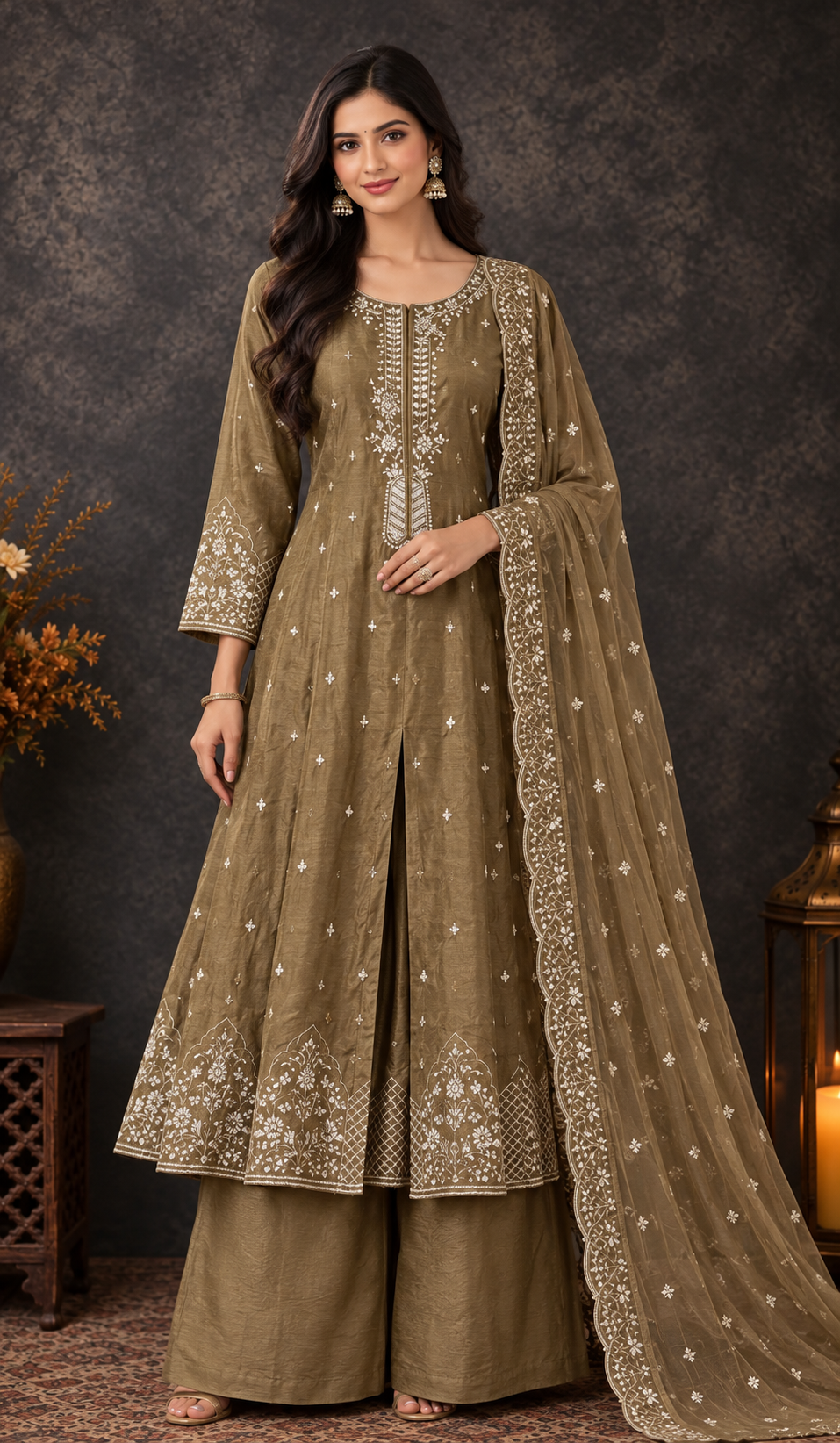 Elegant Olive Green Embroidered Palazzo Suit Set
