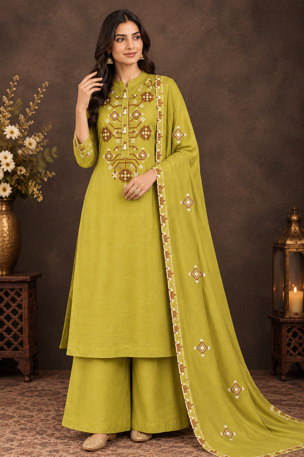 Elegant Mustard Yellow Embroidered Palazzo Suit Set with Dupatta