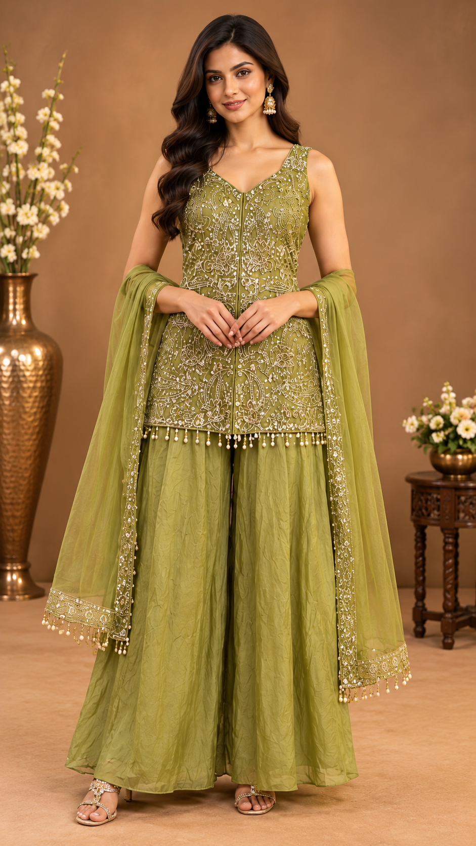 Elegant Embroidered Short Kurti Sharara Set with Dupatta