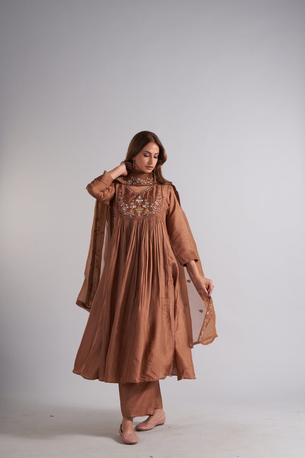 Brown Colour Anarkali Flared Kurta with Palazzo and Dupatta in Viscose Silk