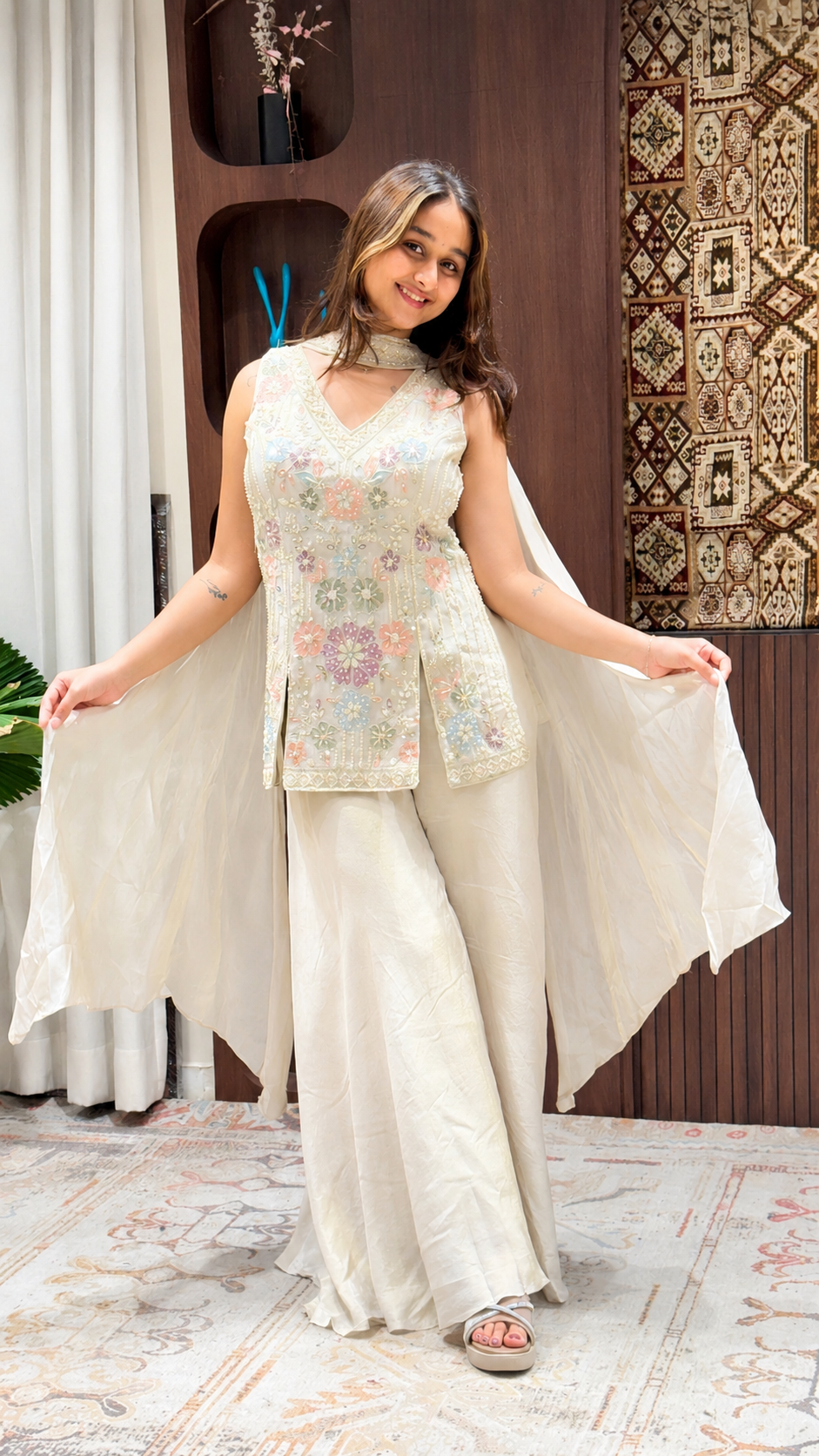 Elegant Ivory Floral Embroidered Palazzo Set with Dupatta