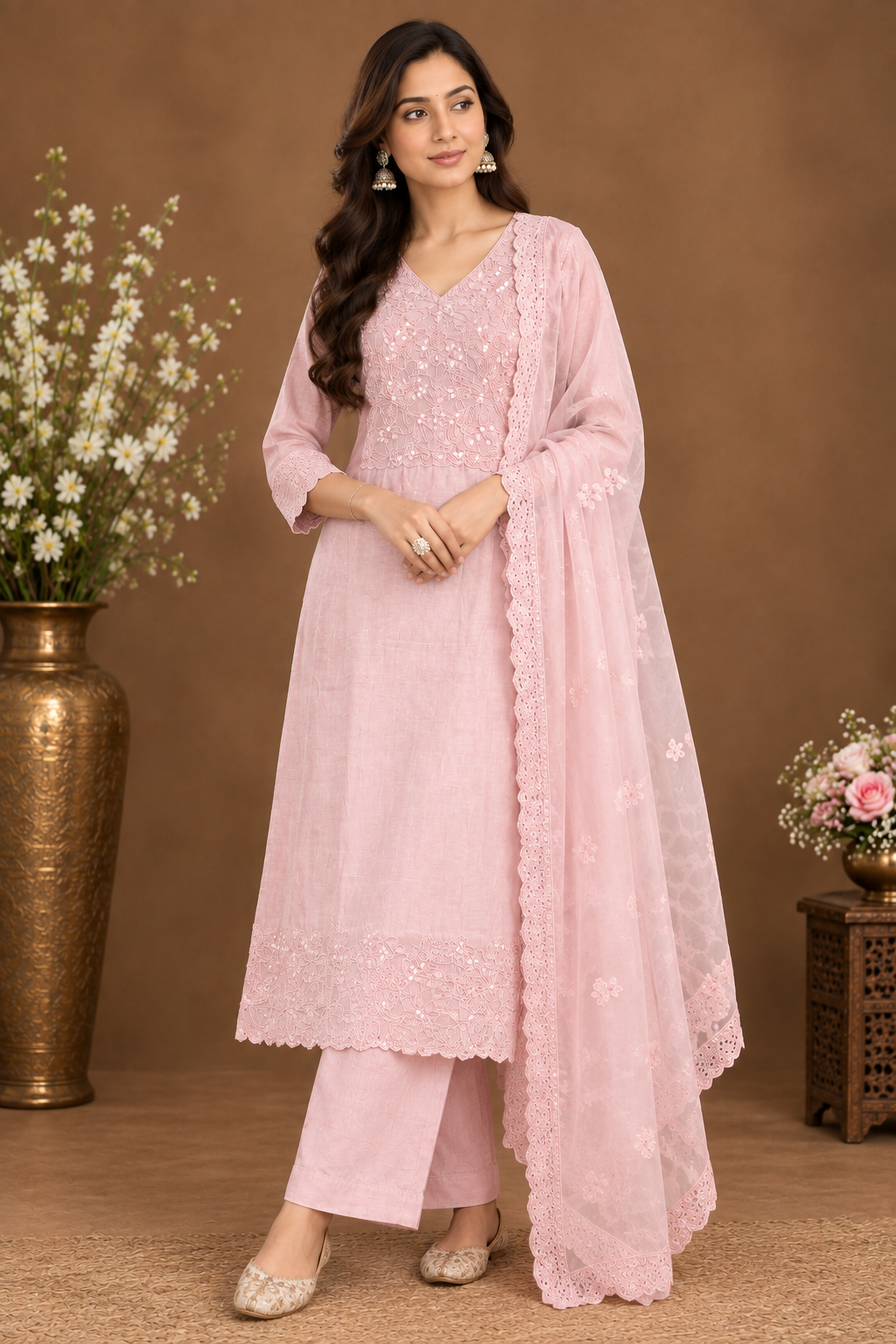 Elegant Pink Embroidered Kurta Palazzo Set with Dupatta