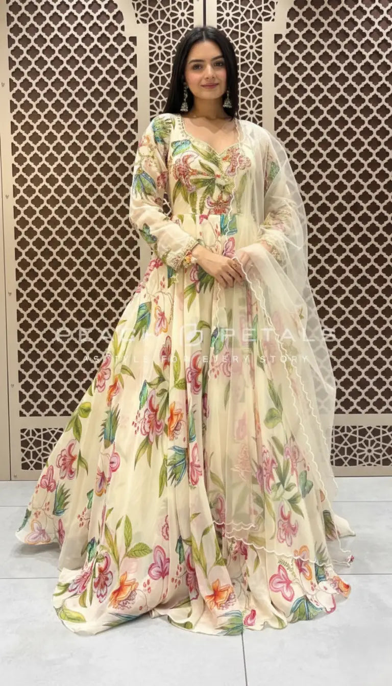 Off-white Indo-Western gown featuring vibrant pastel floral prints, long sleeves, and a matching scalloped dupatta.