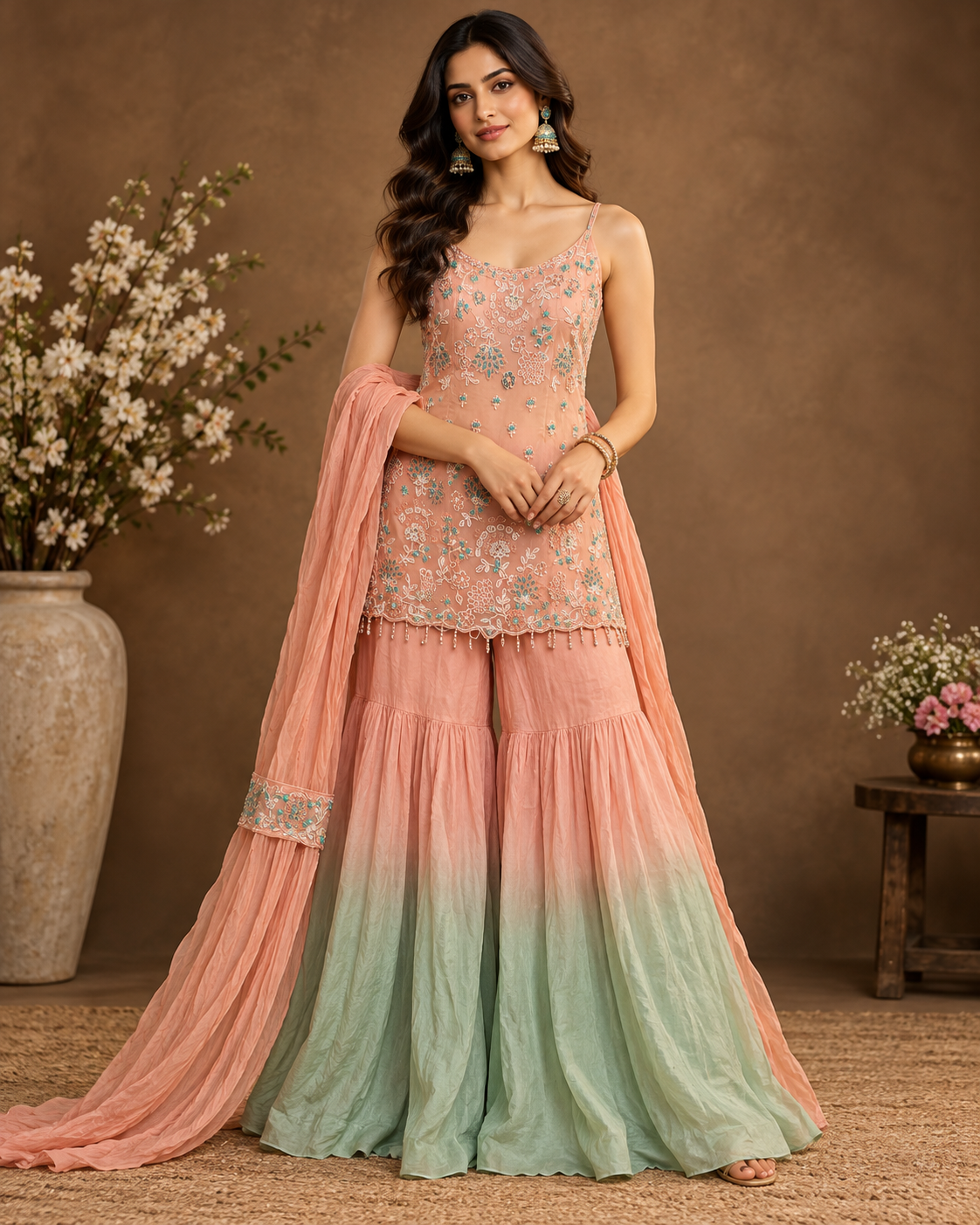 Elegant Peach & Mint Green Embroidered Sharara Suit Set