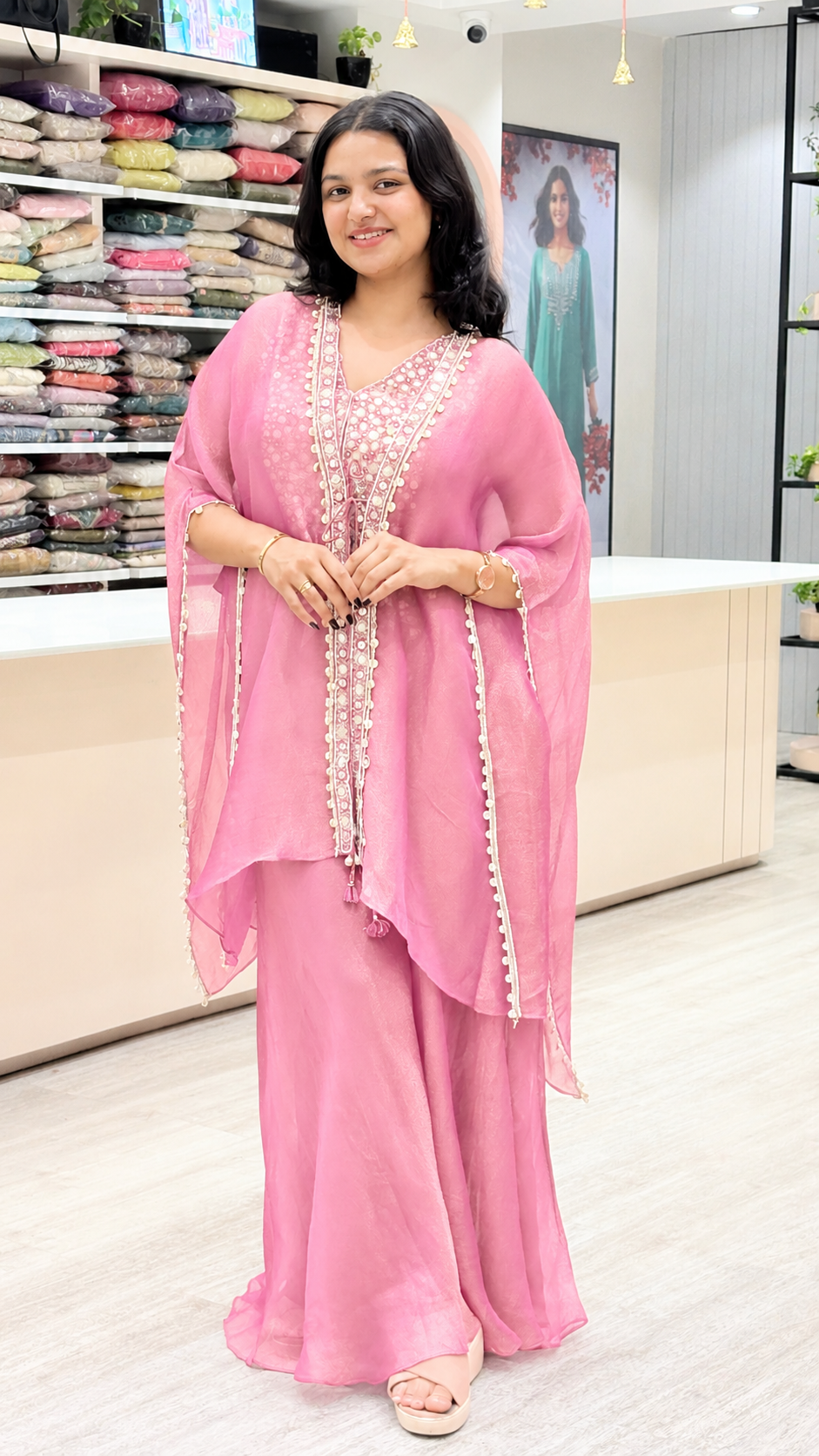 Elegant Rose Pink Palazzo Suit Set with Embellished Cape