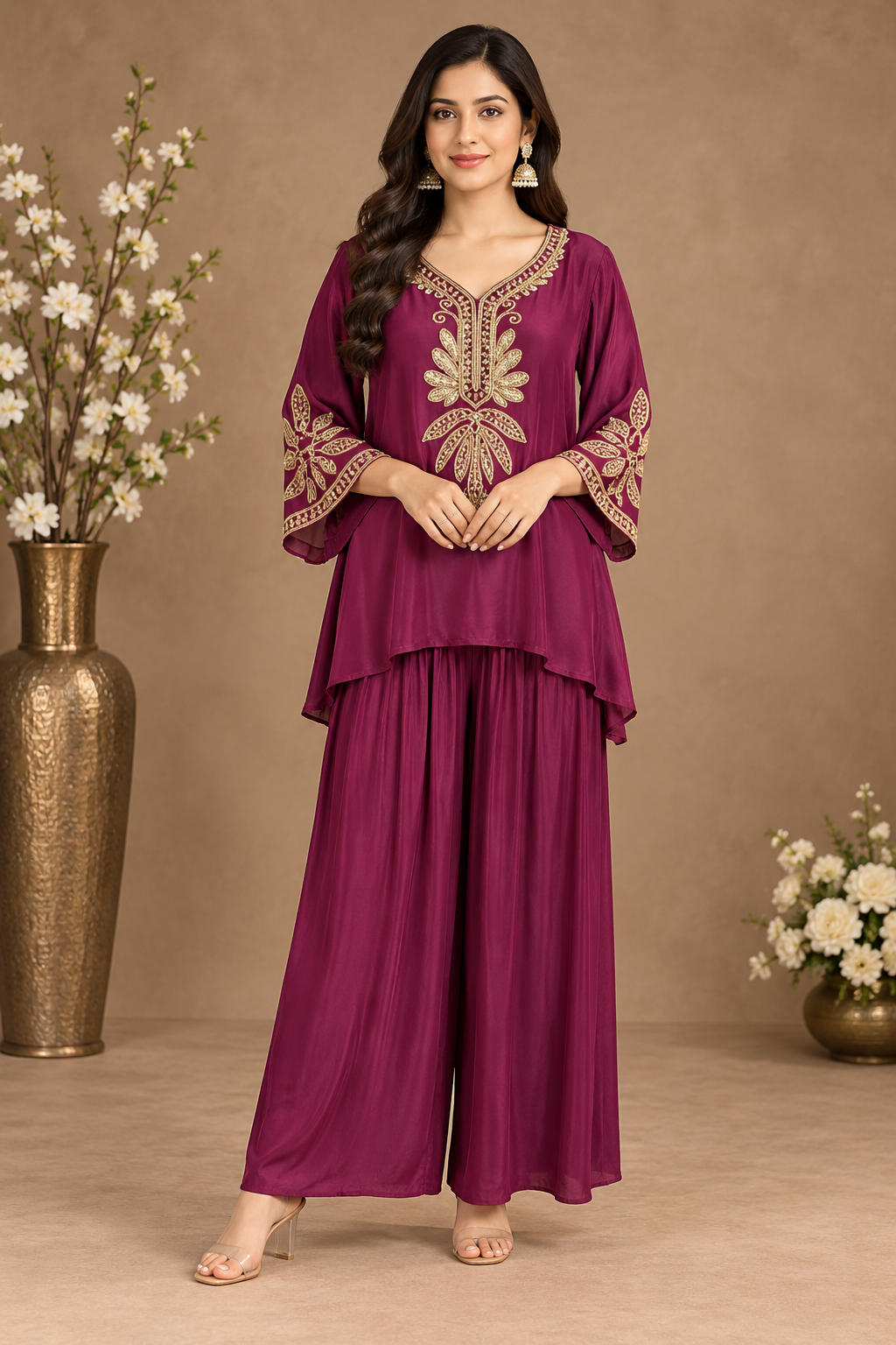 Wine Embroidered Kurta Palazzo Set
