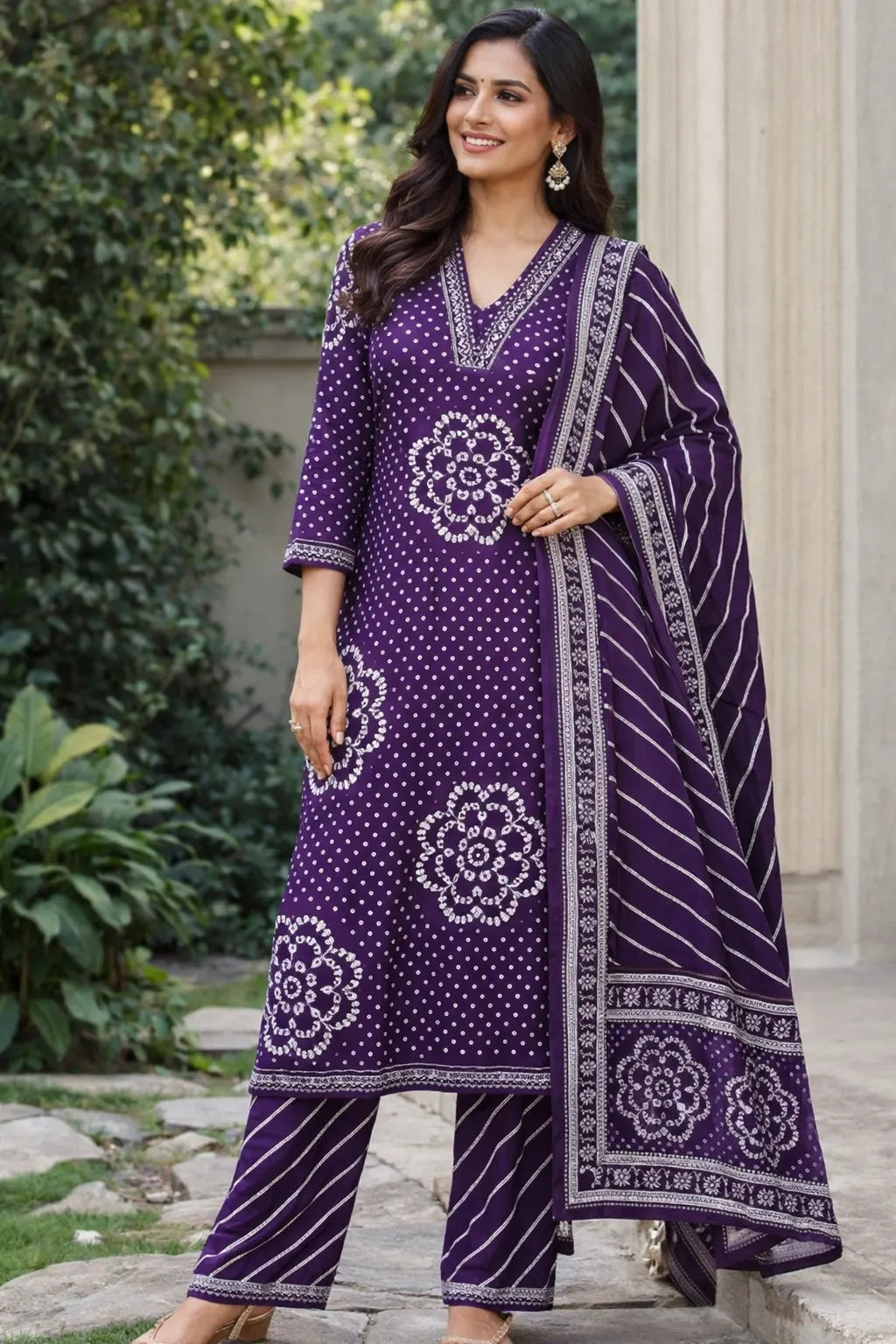 Woman wearing a purple traditional outfit with white patterns in an outdoor setting.