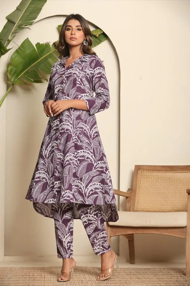 Purple Floral Printed High-Low Kurta Set with Trousers