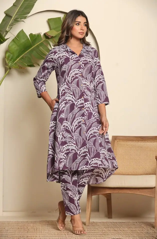 Purple Floral Printed High-Low Kurta Set with Trousers